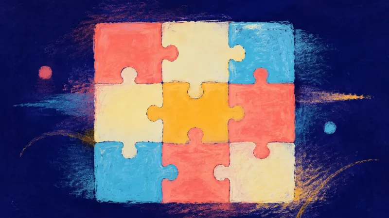 Pieces Into Practice A jigsaw puzzle restored into an orderly whole, representing cautious self-trust and steady thesis-d