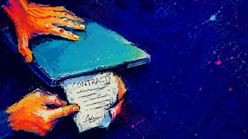Held Before Departure A hand traps a contract brief beneath a closed laptop, symbolizing a personally meaningful path held
