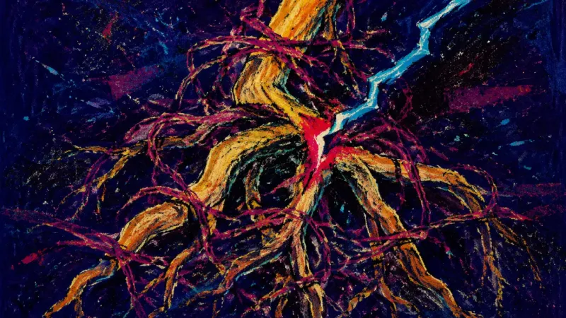 Roots Under Pressure A compressed root system caught in dense, crossing lines, representing urgent longing that crowds