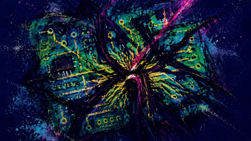 An abstract circuit board tangled and fractured by oppressive lines, representing suspicion, guarded