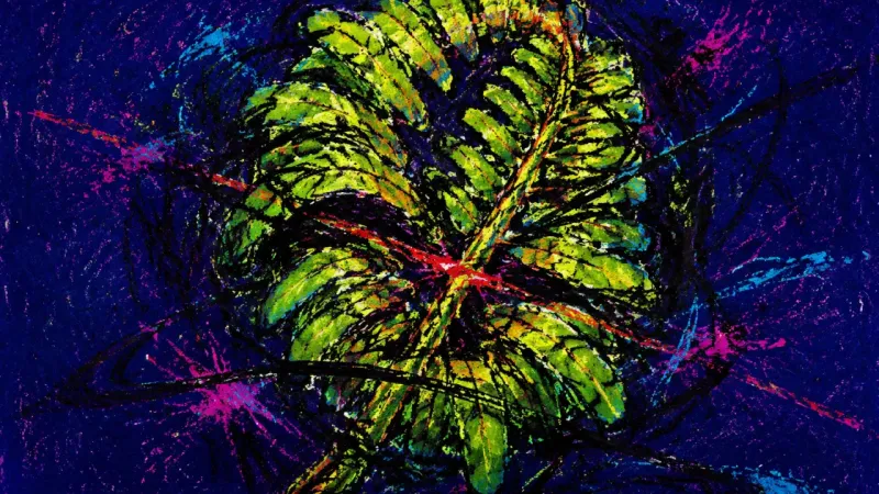 Arrested Unfurling A fern frond crushed into a tight coil and cut by tangled lines, representing impatient learning