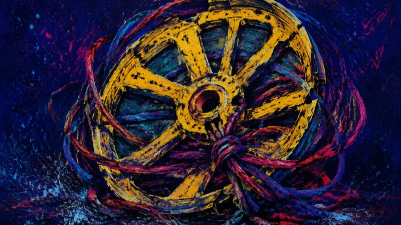 A crushed cable reel trapped in dense knots, representing thesis extension avoidance, escalating11