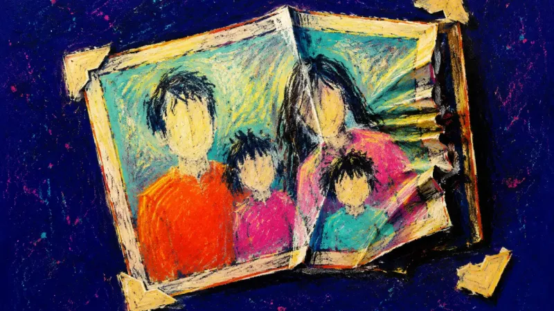 A family photo crushed into an undersized frame, symbolizing anger concealed to preserve the