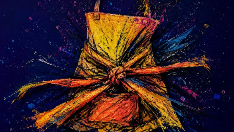 A crushed apron bound in dense knots and harsh lines, representing suppressed anger and compulsive