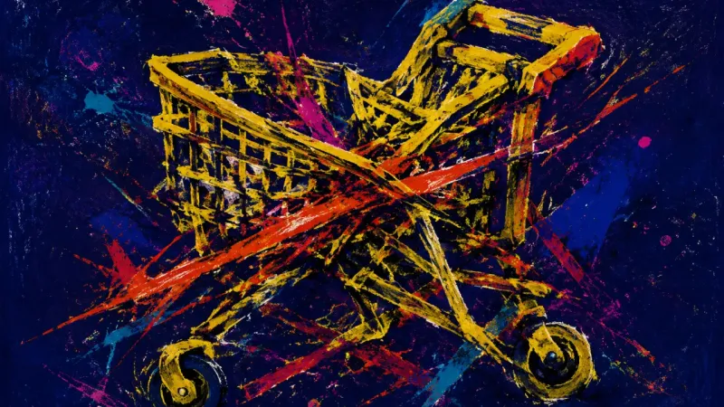 Collapsed Ownership A crushed shopping cart tangled by harsh lines, representing invisible-labor burnout and one-sided r