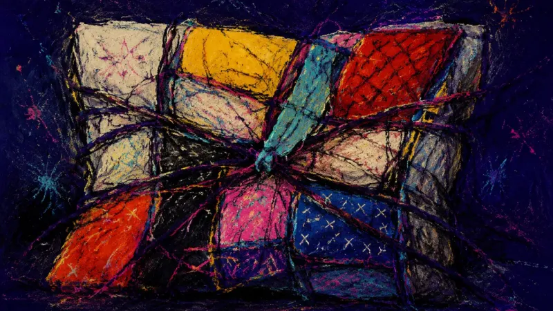 Panels Under Pressure A quilt collapses into tangled, uneven panels, representing self-erasure and oppressive imbalance
