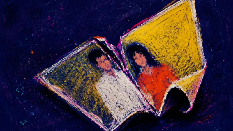 A folded family photograph with a distorted couple, symbolizing pressure to hide relationship conﬂct
