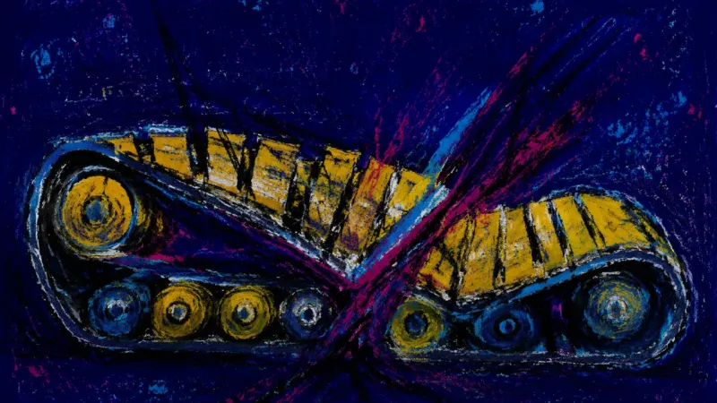 Buckled Sequence A crushed conveyor belt tangled by harsh lines, representing outcome bias that suppresses review and