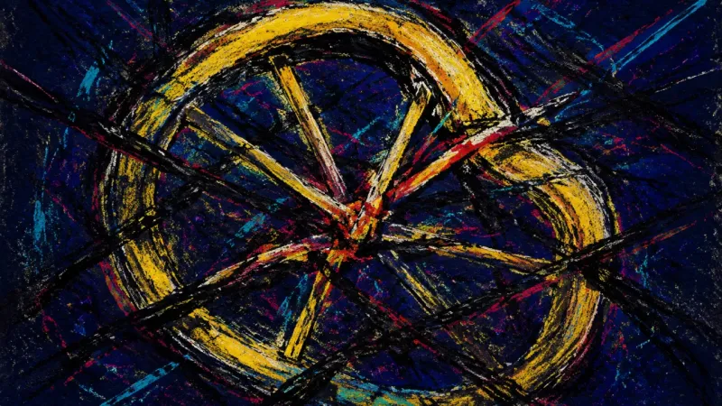 Buckled Cycle A buckled wheel crossed by chaotic lines, representing family tension and anger suppressed until an