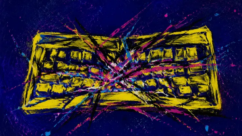 An abstract keyboard buckled into a chaotic grid, representing preparation-as-procrastination and