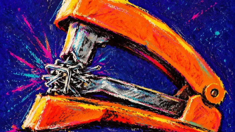 Jammed Readiness A stapler forced past its hinge and jammed with tangled staples, symbolizing assignment paralysis.