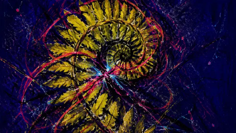 Frond Under Pressure A tightly coiled fern frond crossed by chaotic lines represents perfectionism-driven procrastination