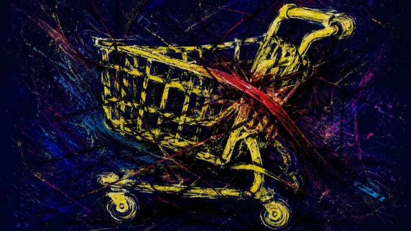 Commandeered Route A crushed shopping cart tangled in dense lines, representing conditional family support that