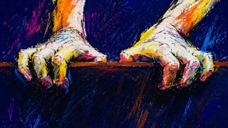 Two hands grip a dining-table edge during a family argument, symbolizing the need to force3d