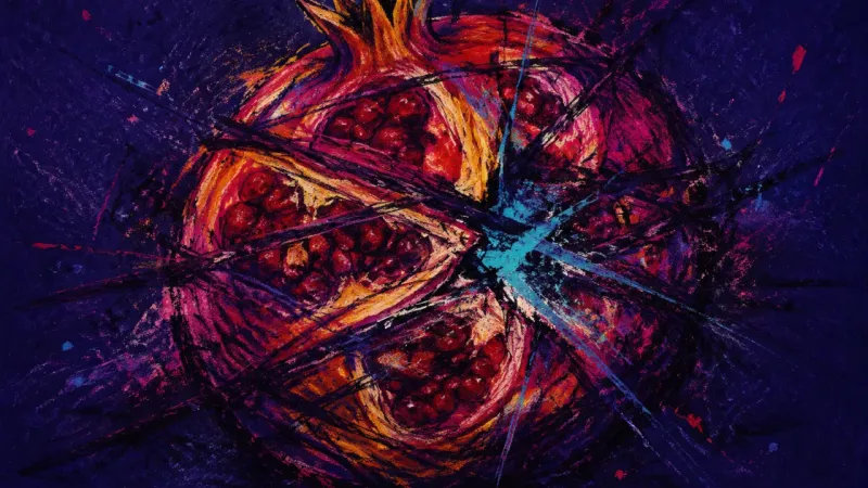 Archive Under Pressure A crushed pomegranate bound by chaotic lines, representing family conflict driven by hyper-analysis4