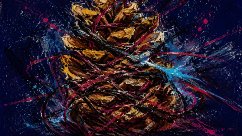 Compulsive Closure A crushed pinecone bound by tangled lines represents anxious overfunctioning and the loss of room wi