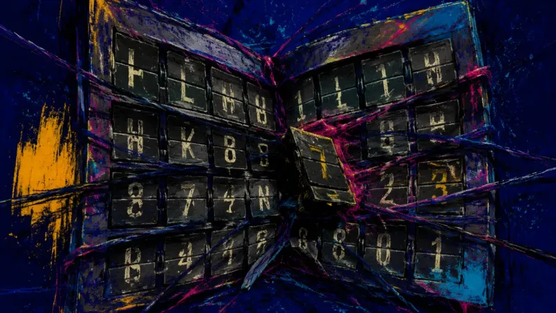 A distorted split-flap display with jammed tiles, representing paralysis caused by comparison and