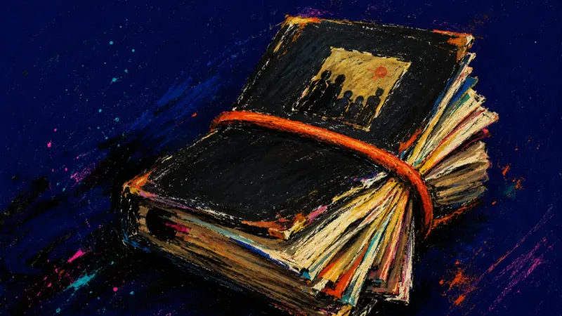 A photo album held shut by a taut loop, symbolizing attachment to shared memories over an unspoken r