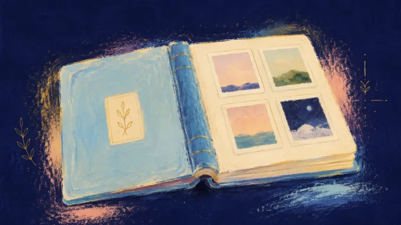 A photo album with aligned covers and orderly pages, representing shared history held with calm self