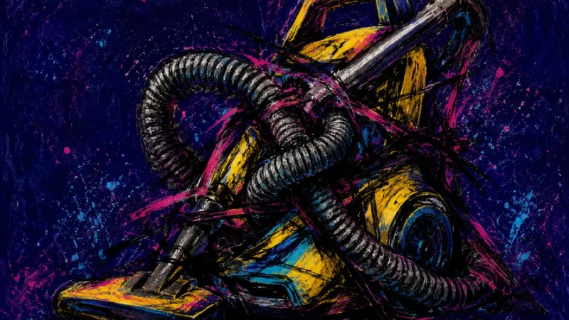 An abstract vacuum cleaner crushed by tangled lines, representing invisible-labor burnout and resent
