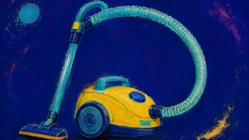 An abstract vacuum cleaner with an uncoiled hose, representing shared household responsibility, clea