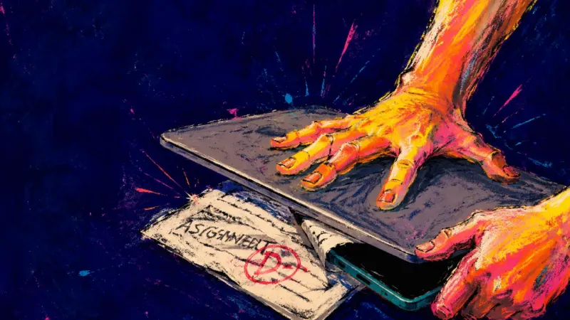 The Unopened Hour A hand closes a laptop over an unfinished assignment while holding a phone, representing avoidance,