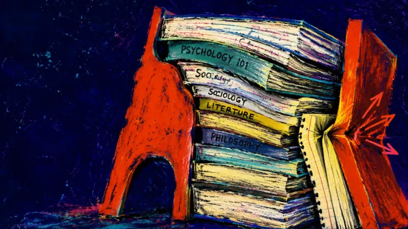 The Unwritten Verdict Bookends crush a stack of course readers around an almost empty notebook, symbolizing delay under an
