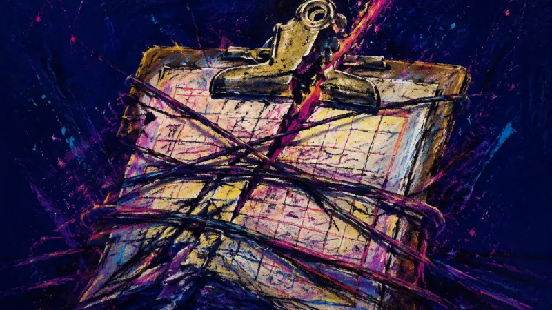 The Bent Verdict A warped clipboard trapped in tangled marks, representing shame-driven academic avoidance under self