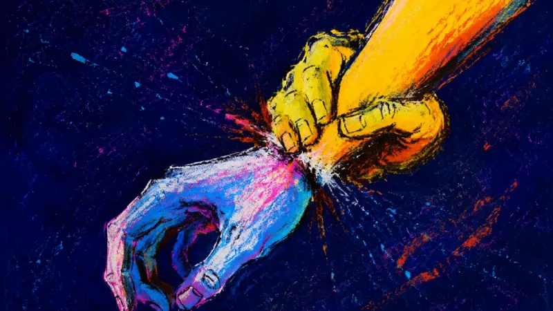 One hand clamps the opposite wrist, symbolizing the urge to secure trust before a new connection has