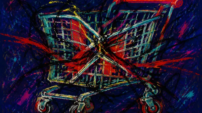 Cart Under Verdict An abstract shopping cart crushed into a dense, tangled form, representing moralized money anxiety.
