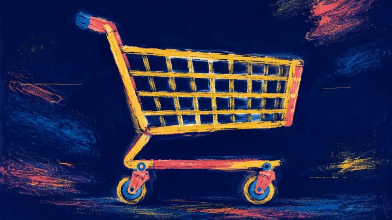 Open Cart, Clear Choice An abstract shopping cart restored to open order, representing values-based choice, balanced limits,