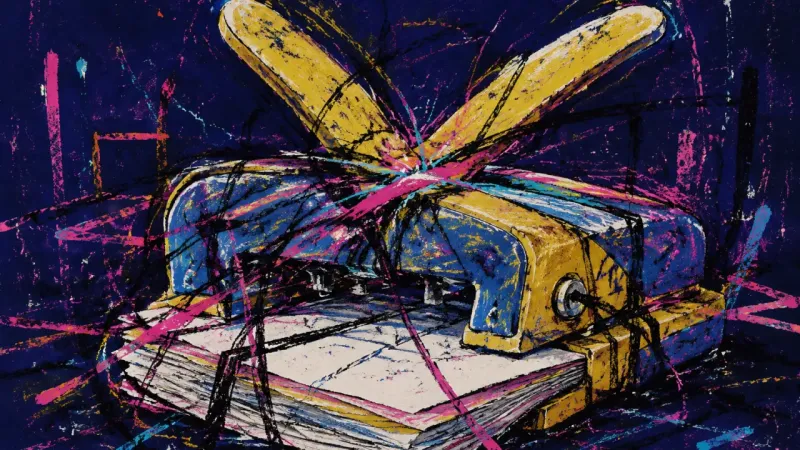 A hole punch crushed shut by tangled strokes, representing people-pleasing burnout and lost personal