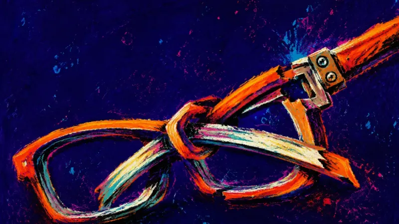 A pair of eyeglasses folded into a rigid knot, symbolizing overanalysis and pressure to commit