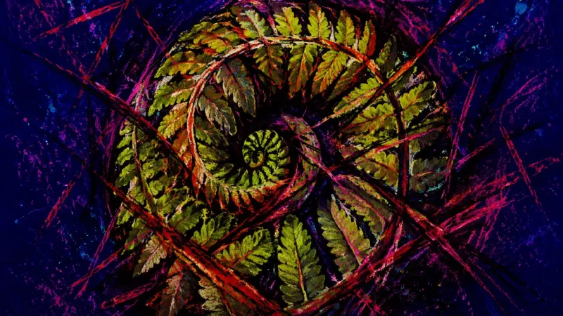 Frond Under Siege A fern frond crushed into a tight coil and trapped by chaotic lines, representing career avoidance