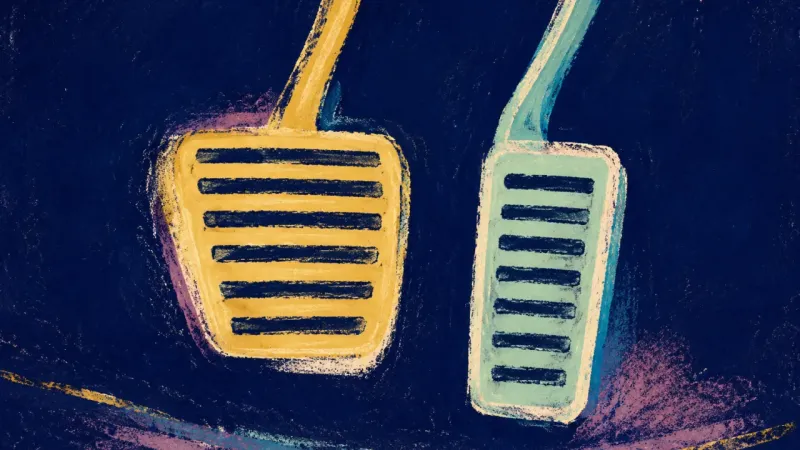 A restored pedal set represents commitment anxiety resolving into paced consent, balanced agency,