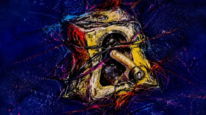 Sharpened Into Stasis A crushed pencil sharpener tangled in constricting lines, representing perfectionistic preparation