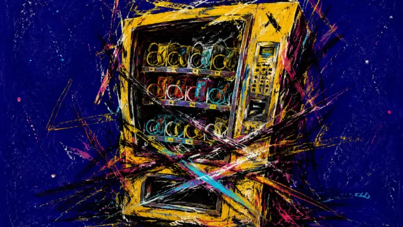 A distorted vending machine with jammed rows and a sealed opening, representing repeated promises16.