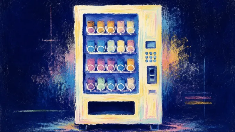 An orderly vending machine with aligned rows and a clear delivery opening, symbolizing self-trust21.
