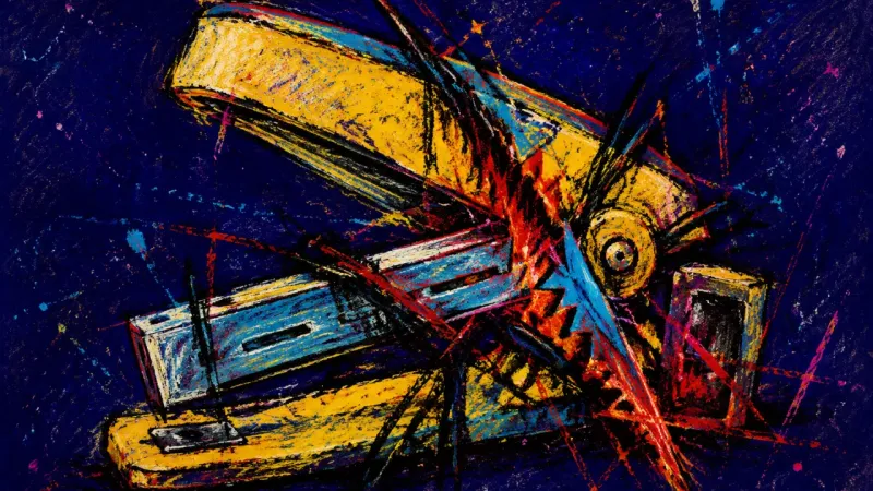 Stapled to Risk A deformed stapler bound by chaotic lines, representing compulsive workplace helpfulness and