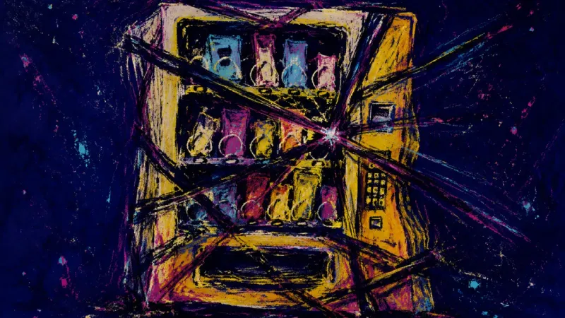 Jammed Reward Cycle A crushed vending machine represents delayed-reward study procrastination, its ordered choices