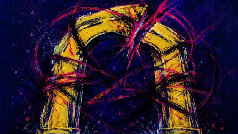 An abstract arch buckles under tangled lines, representing delayed academic help-seeking and fear of