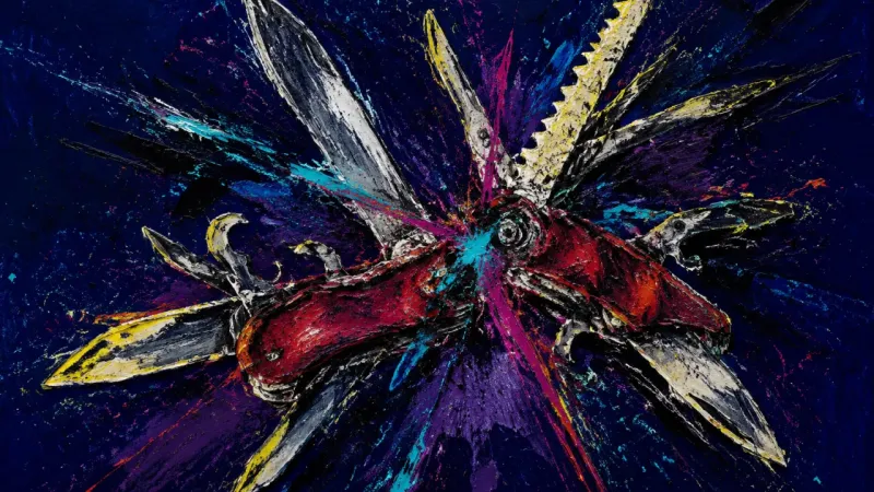 Every Edge at Once A pocketknife buckled with every implement forced open and tangled, representing chaotic urgency