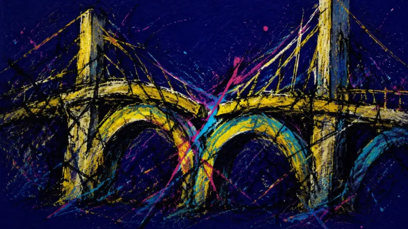 Collapsed First Span An abstract bridge crushed by tangled lines, representing premature future planning and fear of t