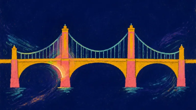 Balanced Crossing An abstract bridge restored to balanced spans, representing calmer trust built through mutualconvers
