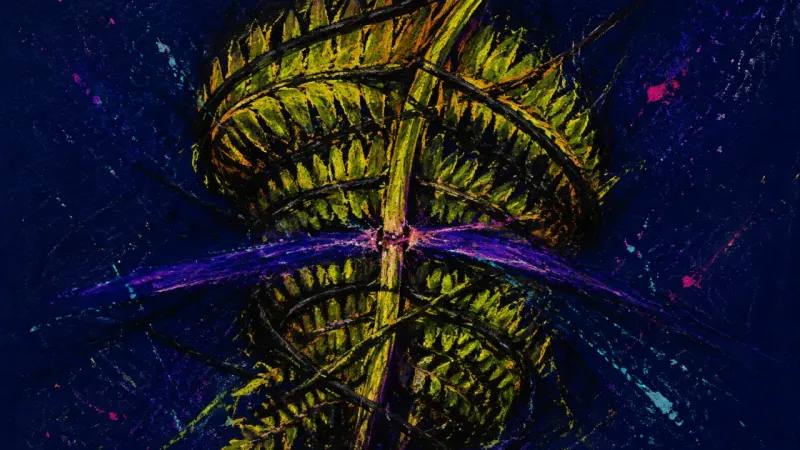 Fronds Under Pressure A crushed fern bound by chaotic lines, representing career ambition distorted by comparison, status