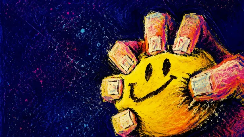 The Pressure Alibi A hand crushes a smiley stress ball until its seam bursts, symbolizing the deadline pressure behind