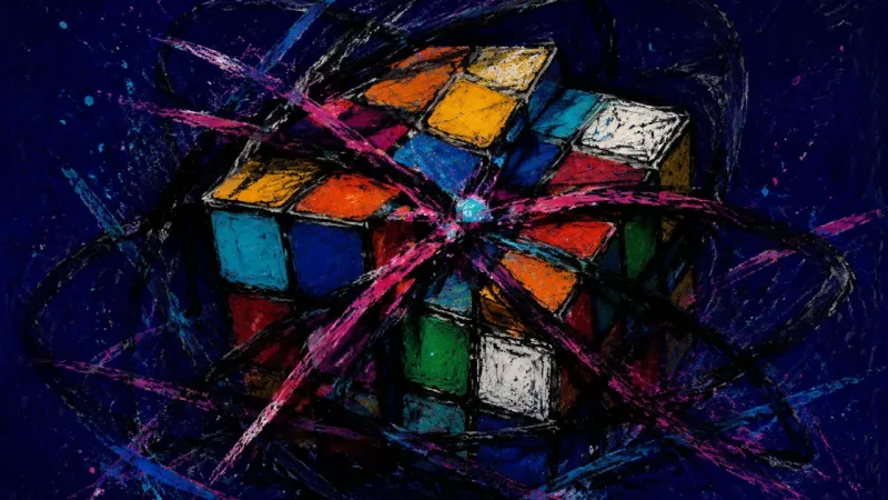 Cube Under Pressure A deformed puzzle cube trapped in chaotic lines, representing perfectionism, procrastination, and