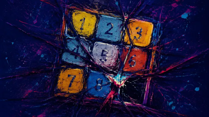 A warped sliding puzzle with blocked tiles represents revision paralysis, self-worth pressure, and a