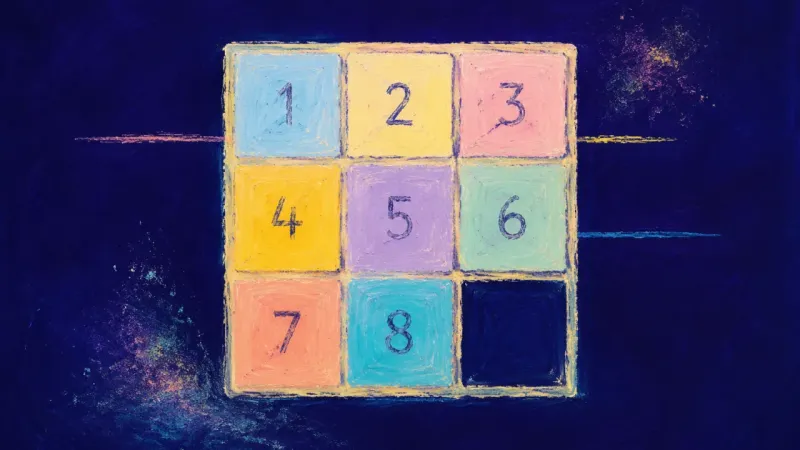 A sliding puzzle aligned into a clear grid represents revision as useful evidence, restoring calm, a