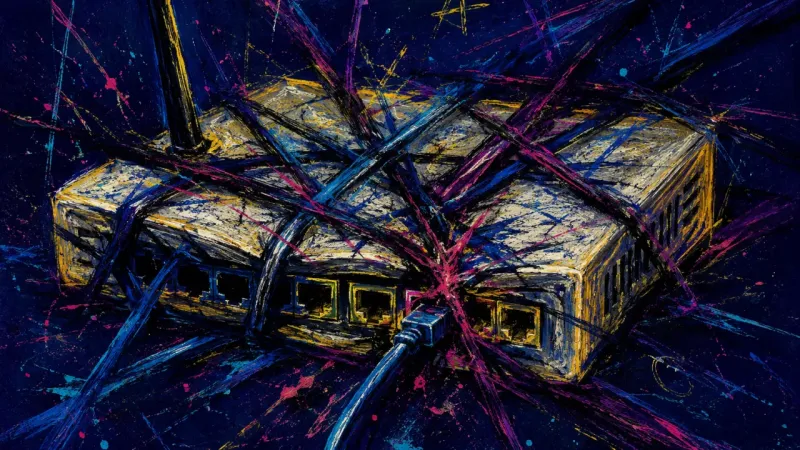 Choked Channels A distorted router overwhelmed by tangled lines, representing anxiety, over-responsibility, and the
